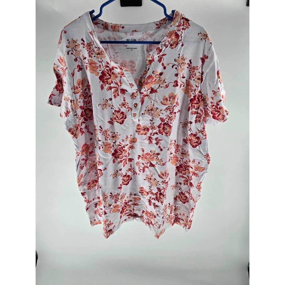 Blair Womens 2XL Floral Henley Short‎ Sleeve Top White Orange Red Plus Size